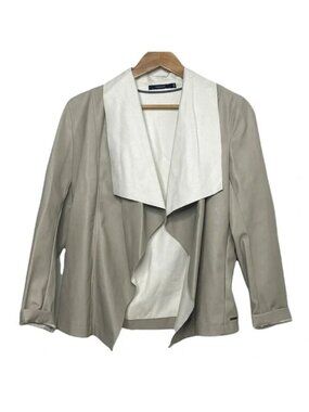Tahari Open Front Blazer Womens Stone Gray Faux Leather Jacket Pockets Size M